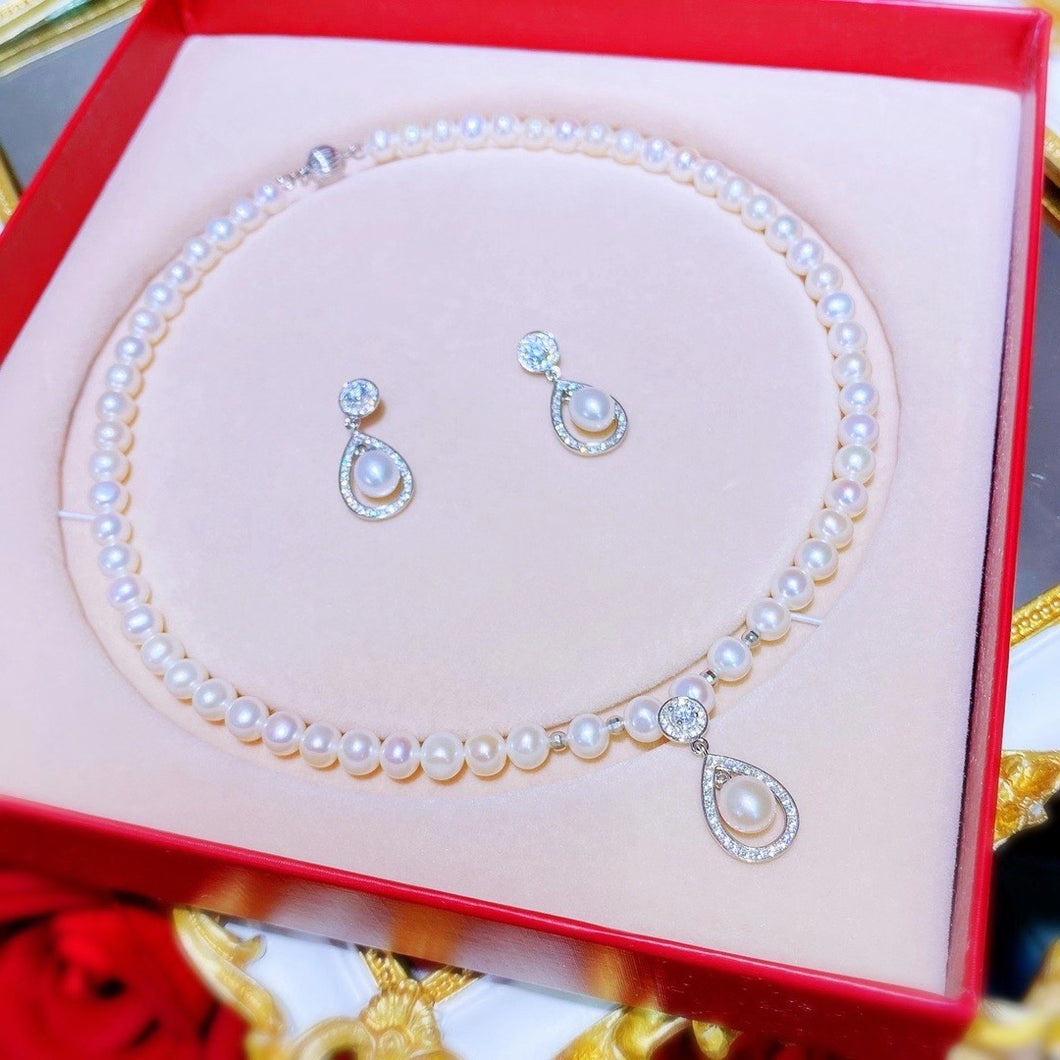 sterling silver pearl necklace and earrings set